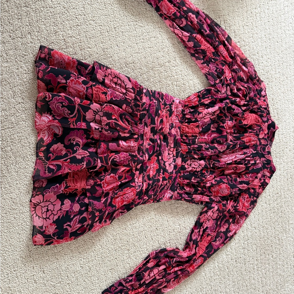 Revolve X HEMANT & NANDITA Crimson Rouched Mini Floral Dress B30 - Picture 6 of 15